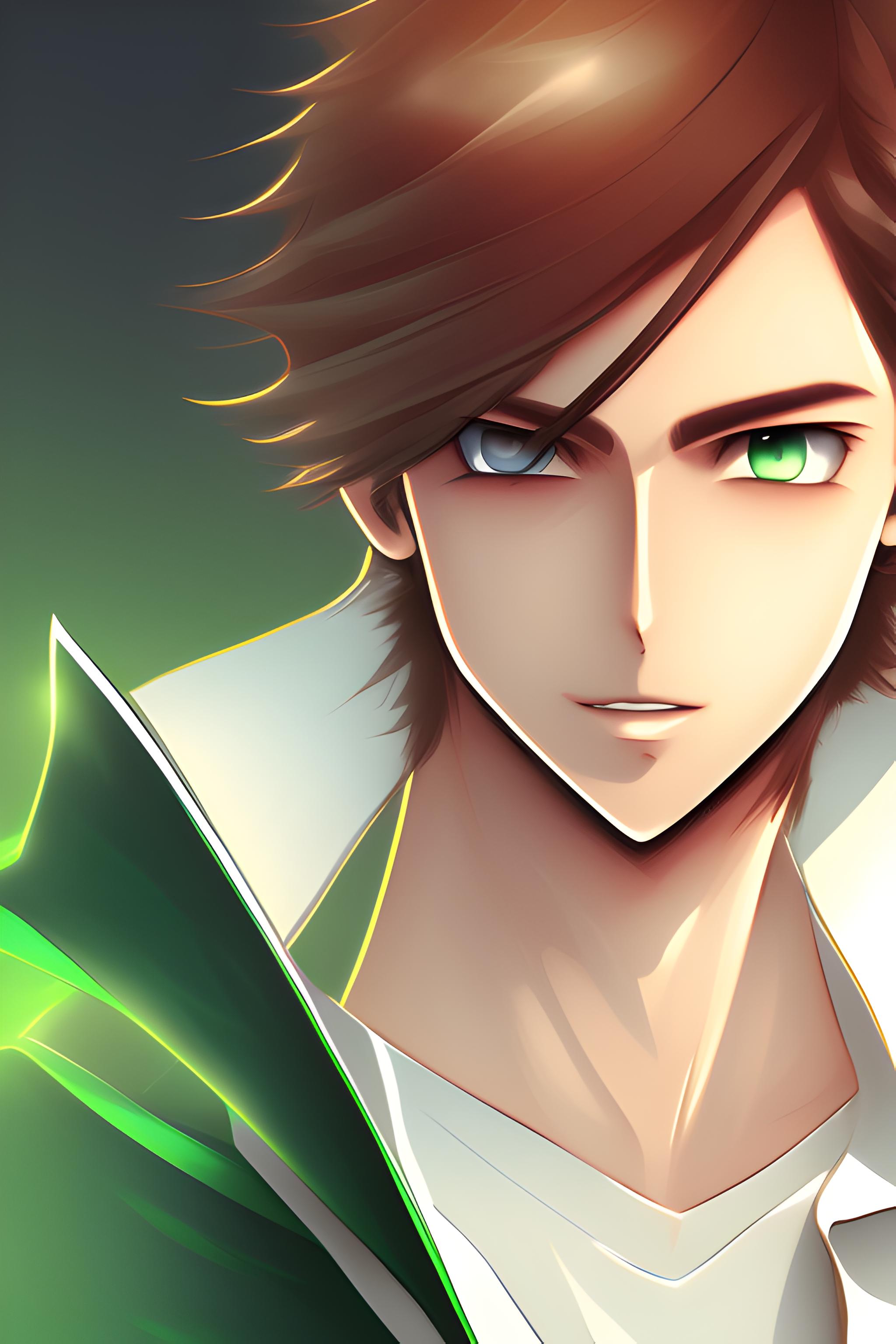 Brown hair , green eyes, very handsome anime guy
